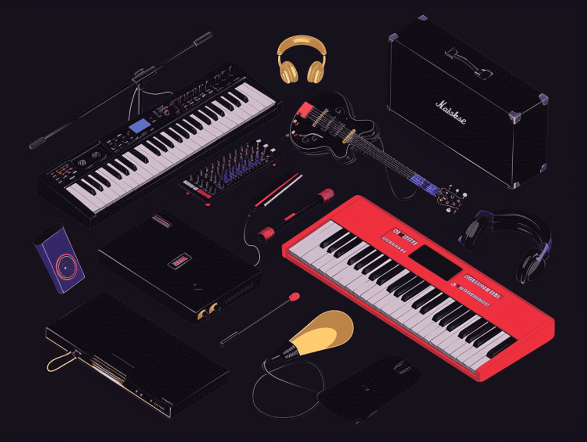 Various music equipment illustrated, including keyboards and headphones.