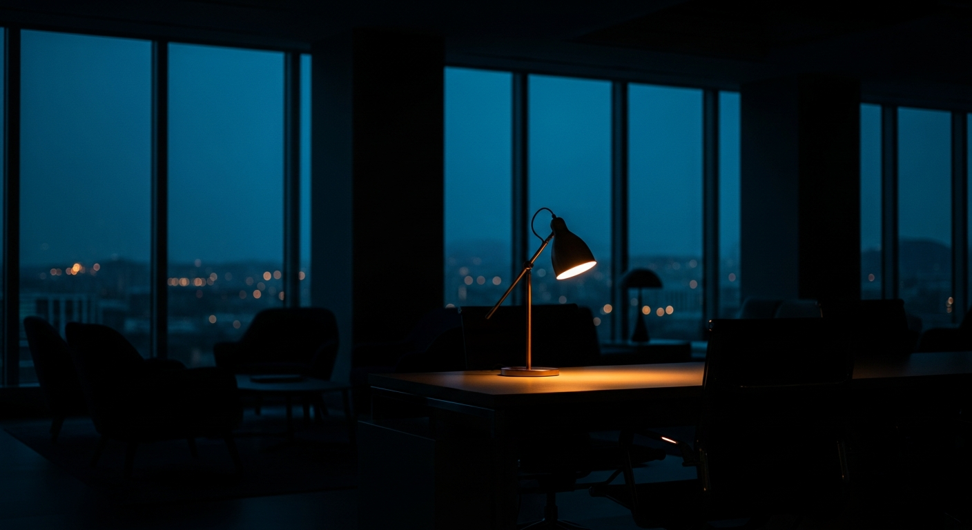 Dark boutique office space with warm ambient lighting at dusk