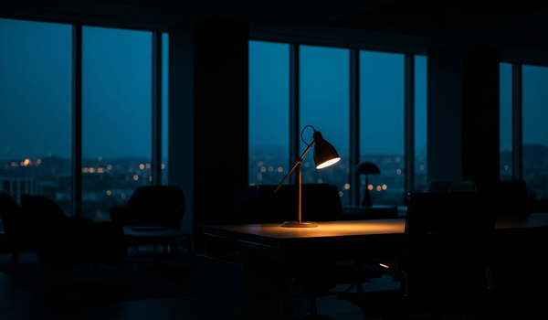 Dark boutique office space with warm ambient lighting at dusk