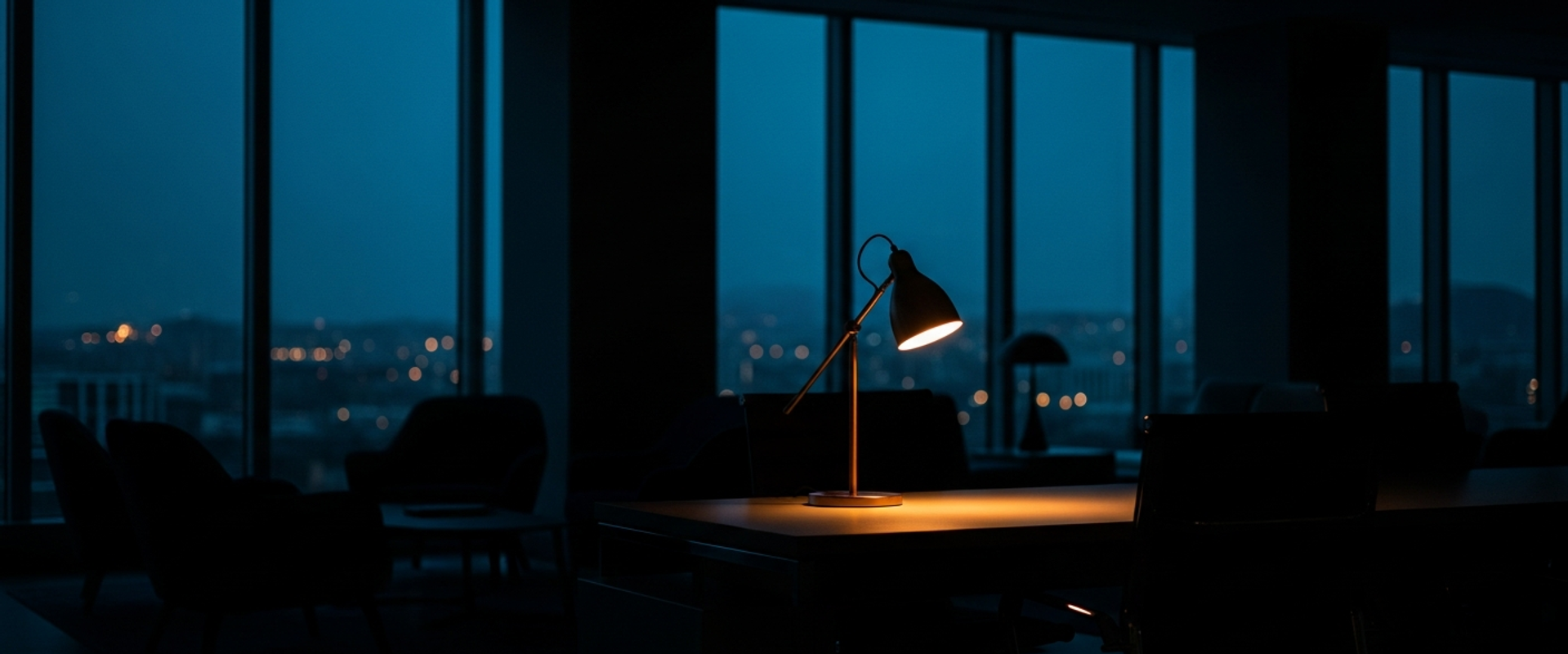 Dark boutique office space with warm ambient lighting at dusk