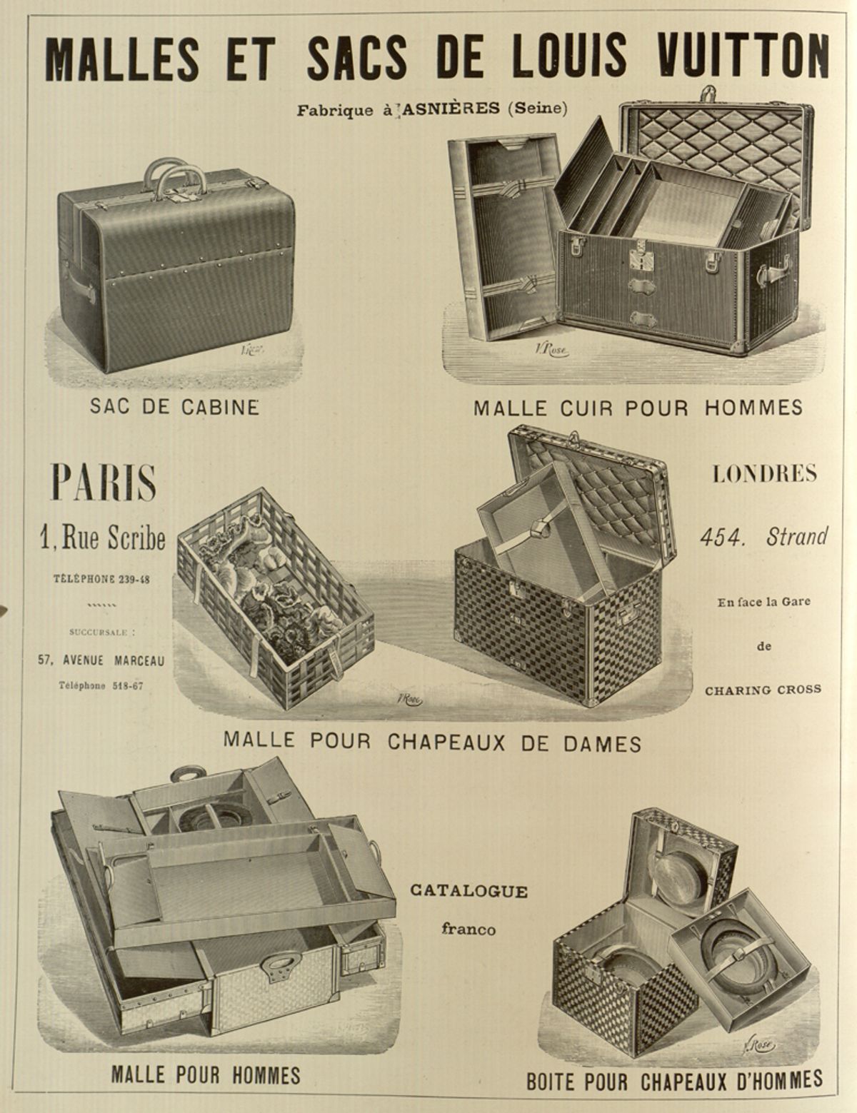 Engraved advertisement headed Malles et Sacs de Louis Vuitton showing a cabin bag, a leather trunk and hat boxes, several covered in a checkerboard pattern, with Paris and London addresses