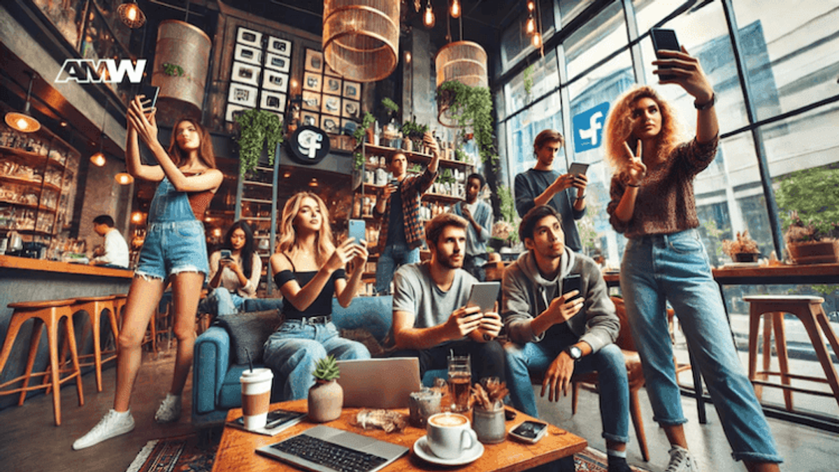People using smartphones in a trendy café