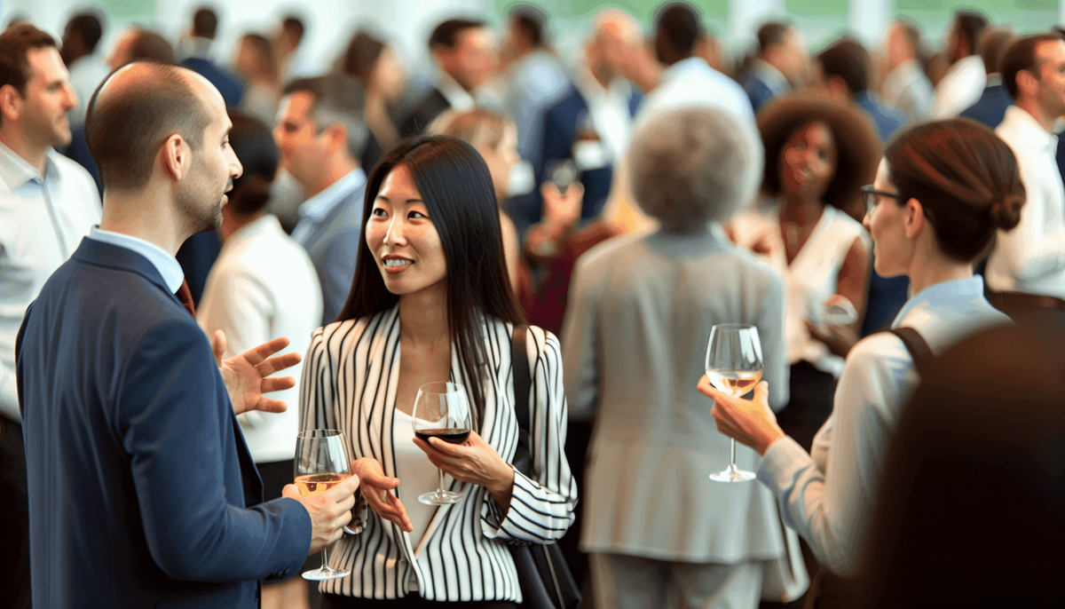 Diverse group of people networking at an event, business goals, networking sessions, unique and memorable experience, in person event, event marketers.