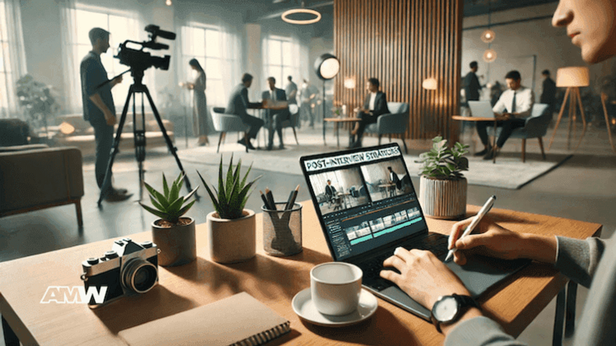 Editing video in modern office, camera filming interview.