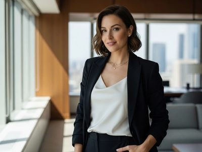 PR professional in tailored black blazer in a luxury modern office with city views