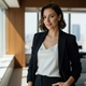 PR professional in tailored black blazer in a luxury modern office with city views