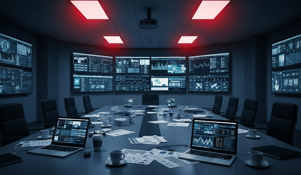 Corporate crisis war room with monitoring screens and emergency lighting