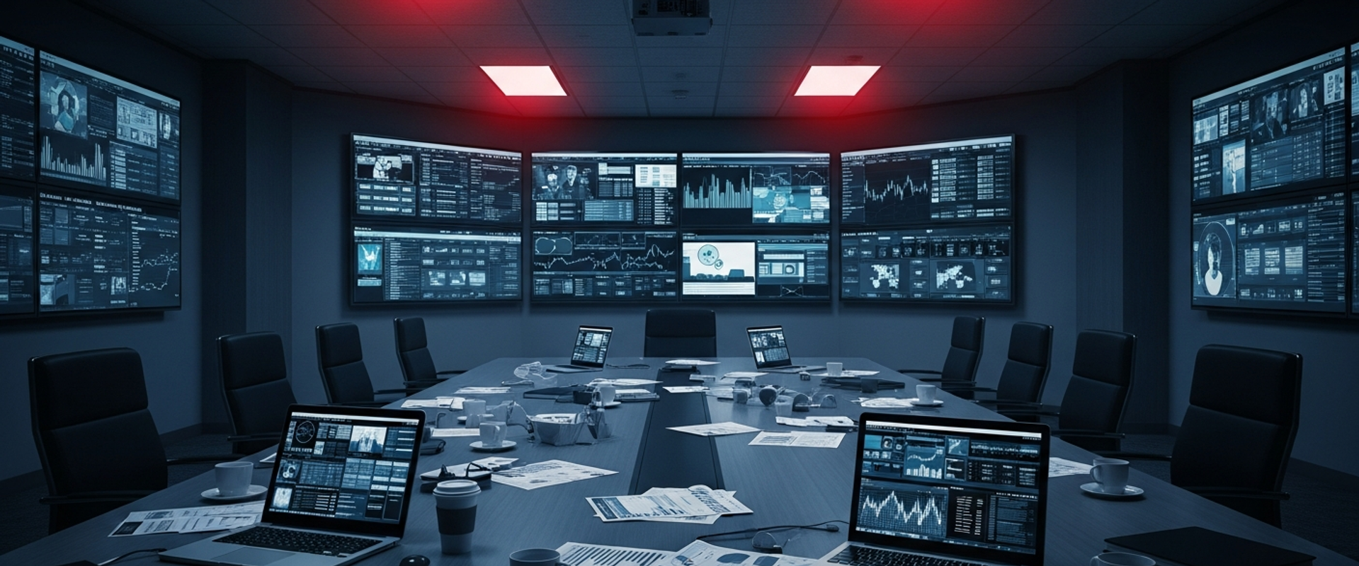 Corporate crisis war room with monitoring screens and emergency lighting
