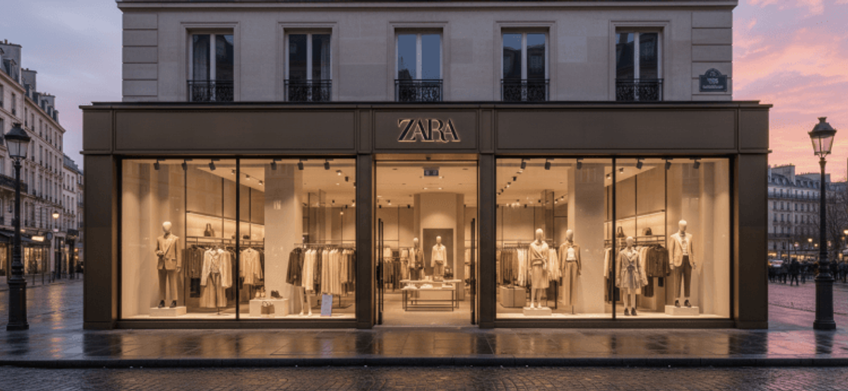 Zara storefront in an urban setting at dusk.