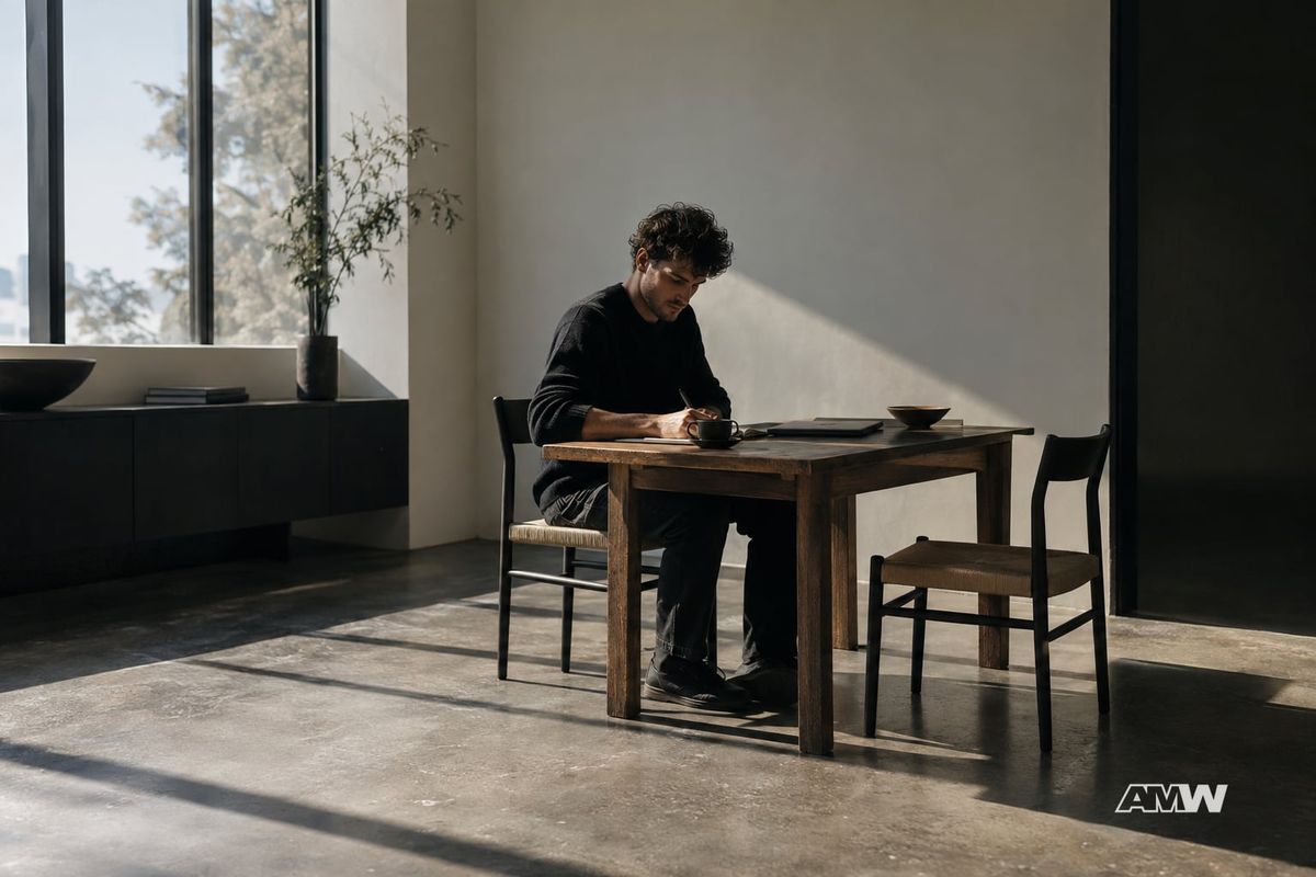 A man sits at a wooden table in a sunlit room, writing on a notepad next to a closed laptop.