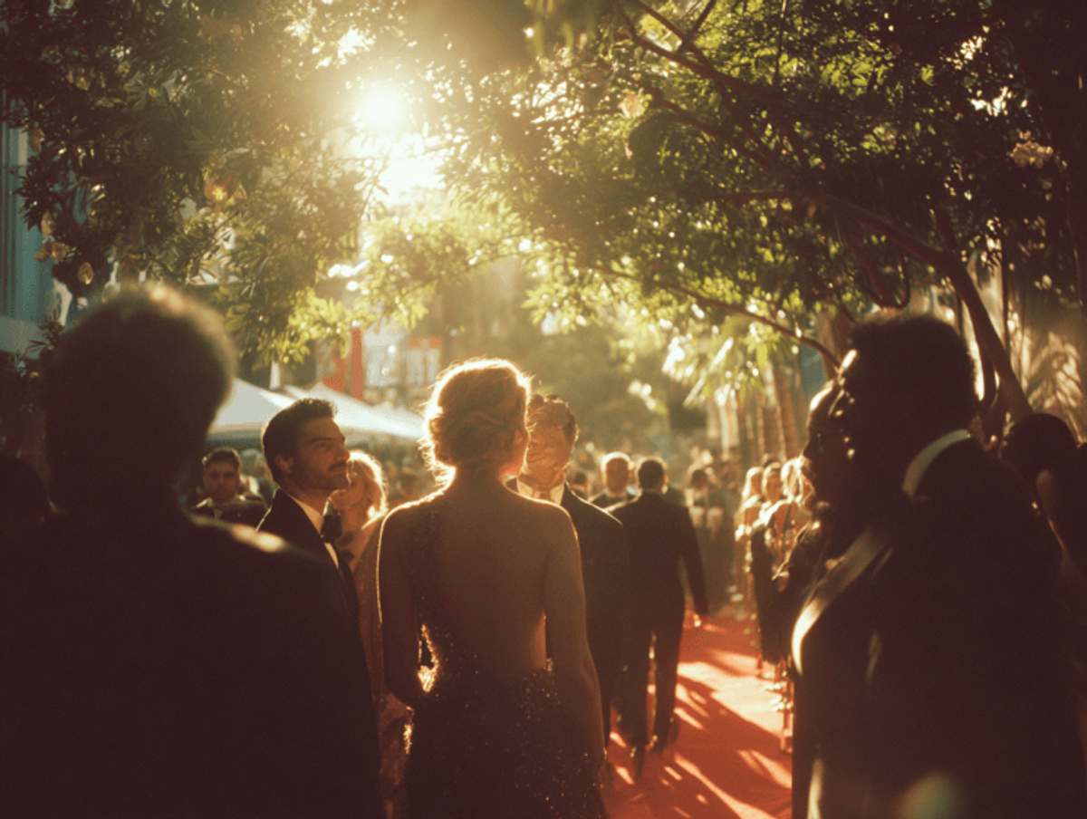 Elegant event with people on a sunlit red carpet.