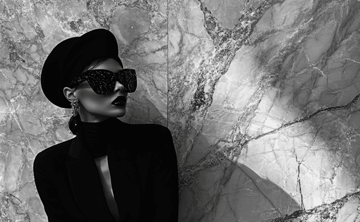Stylish woman in hat and sunglasses against marble wall.