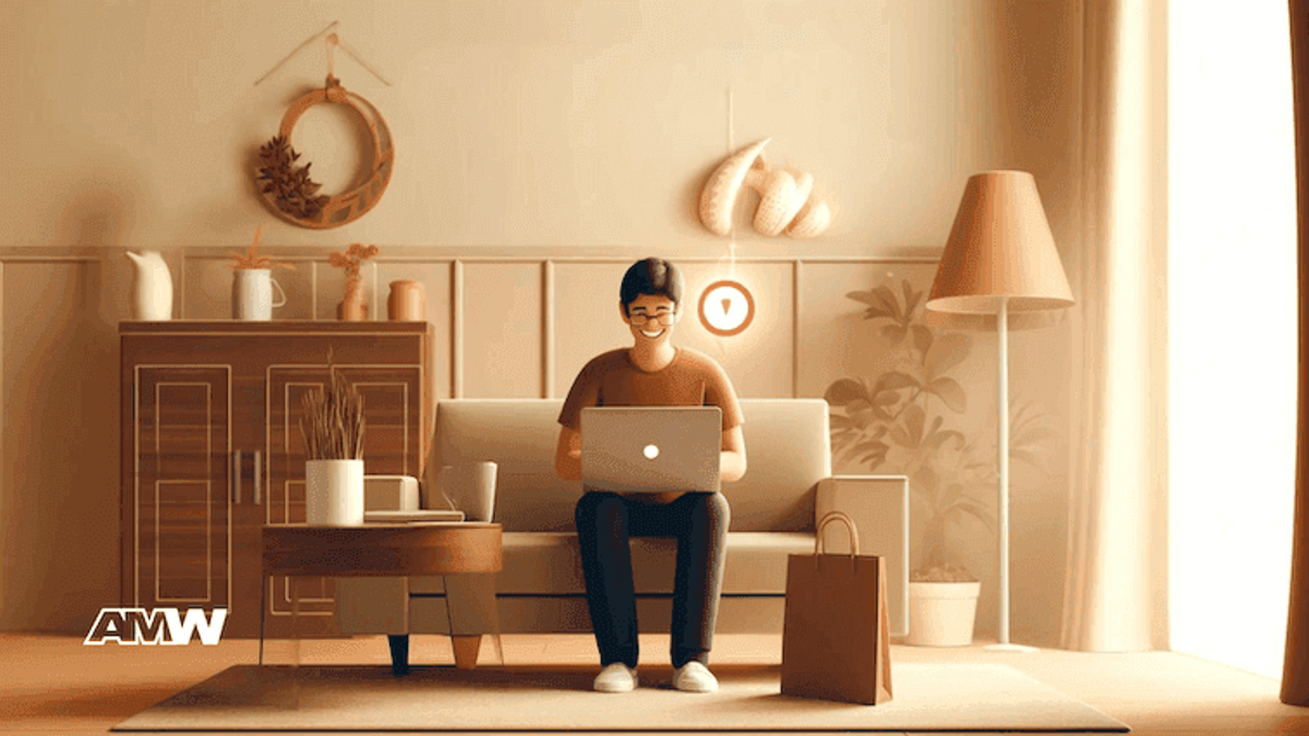 Illustration of a person sitting on a sofa with a laptop in a warm beige living room, with a shopping bag on the floor beside them