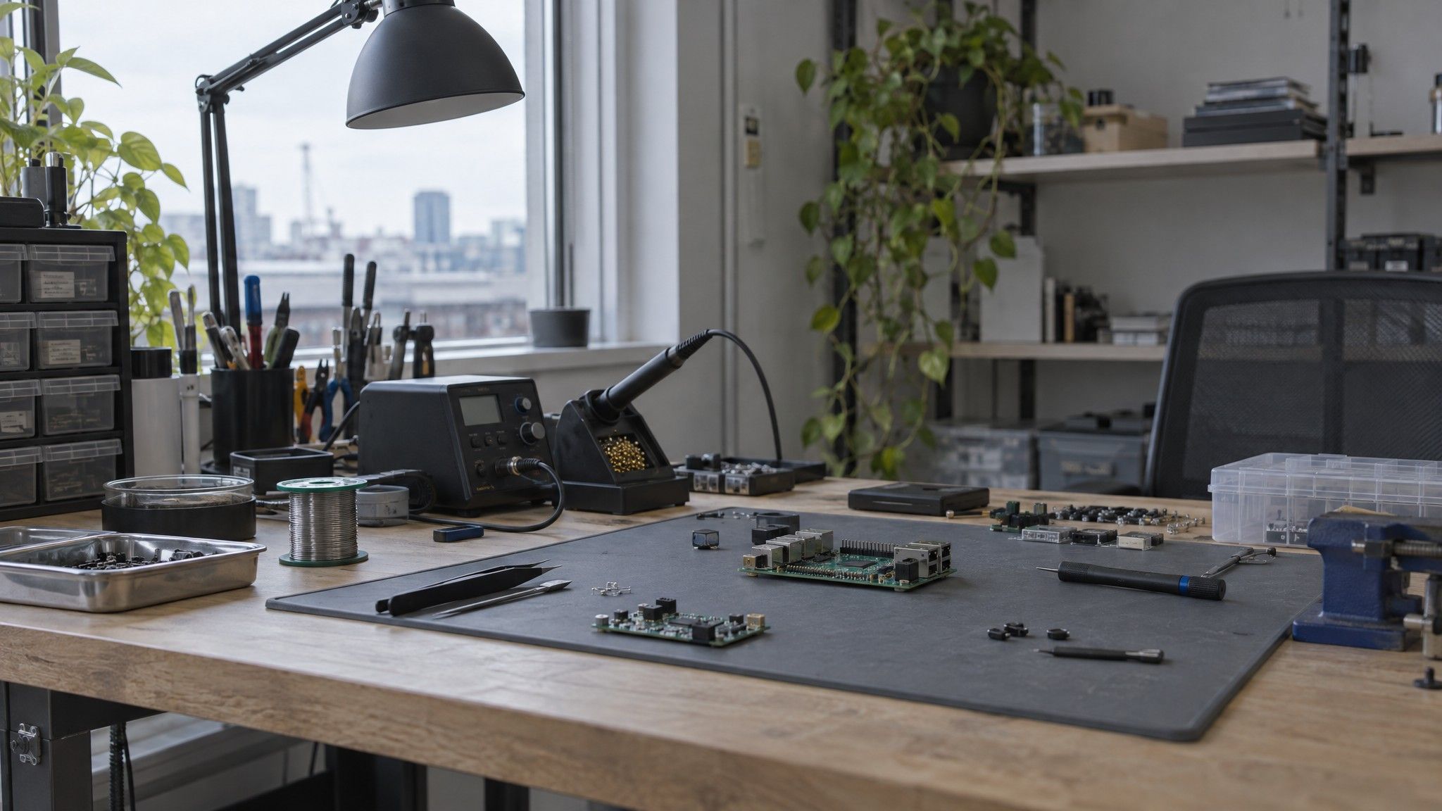 Startup workbench with a soldering station and circuit boards