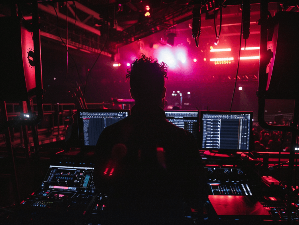 Audio technician working at live music event.