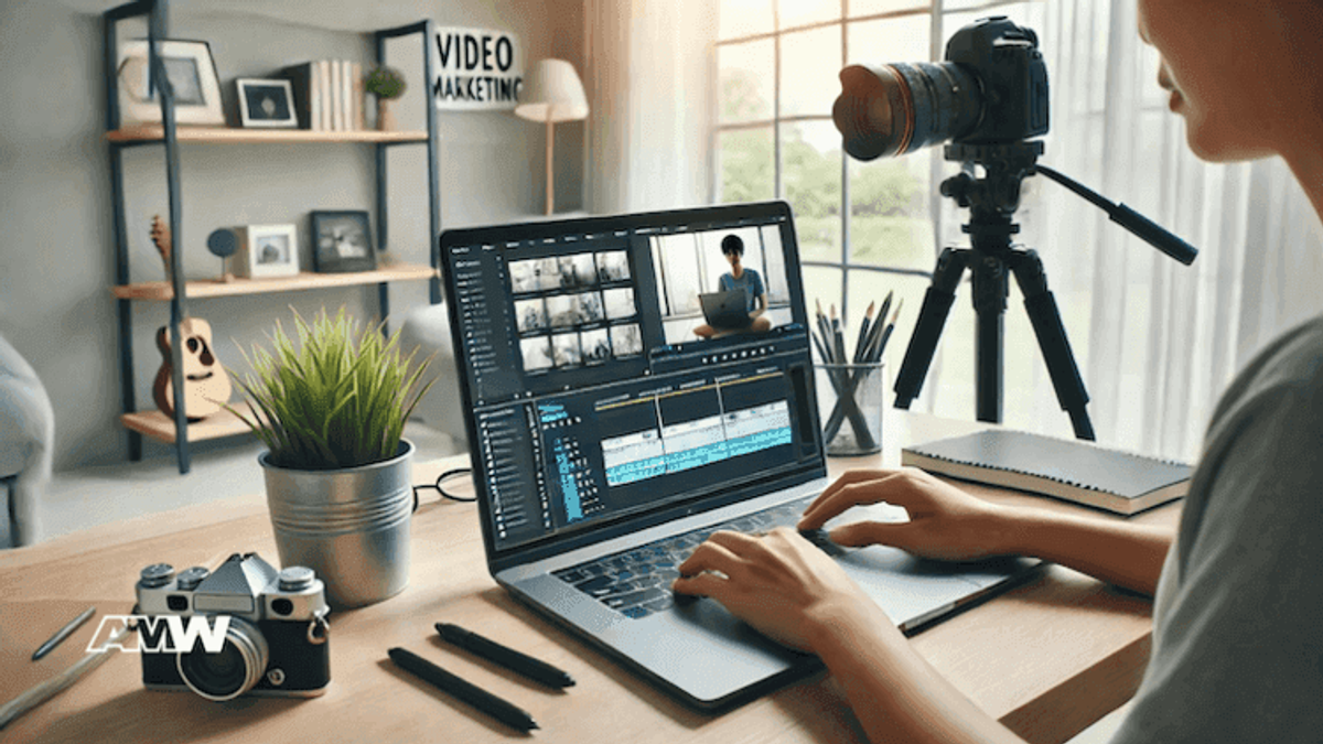 Person editing video on laptop.