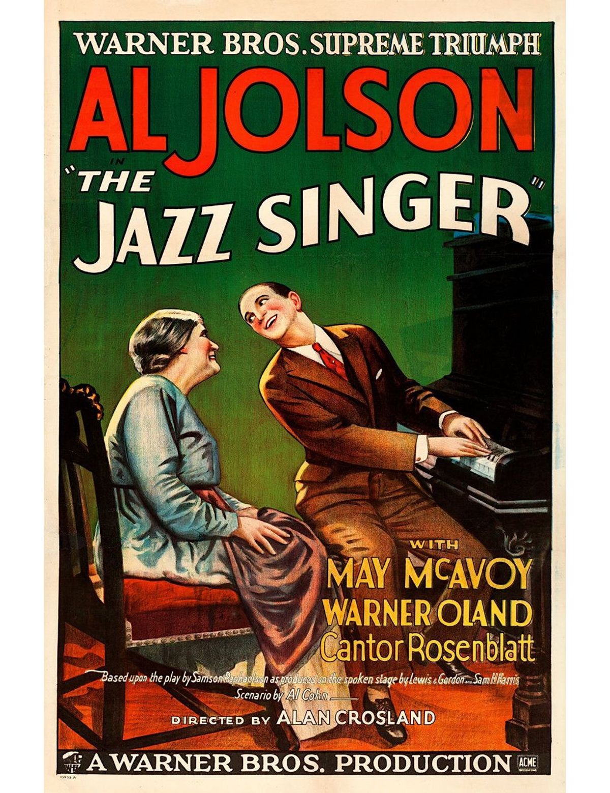 Poster for the 1927 Warner Bros. film The Jazz Singer, with Al Jolson at a piano smiling at an older woman seated beside him, under large red lettering