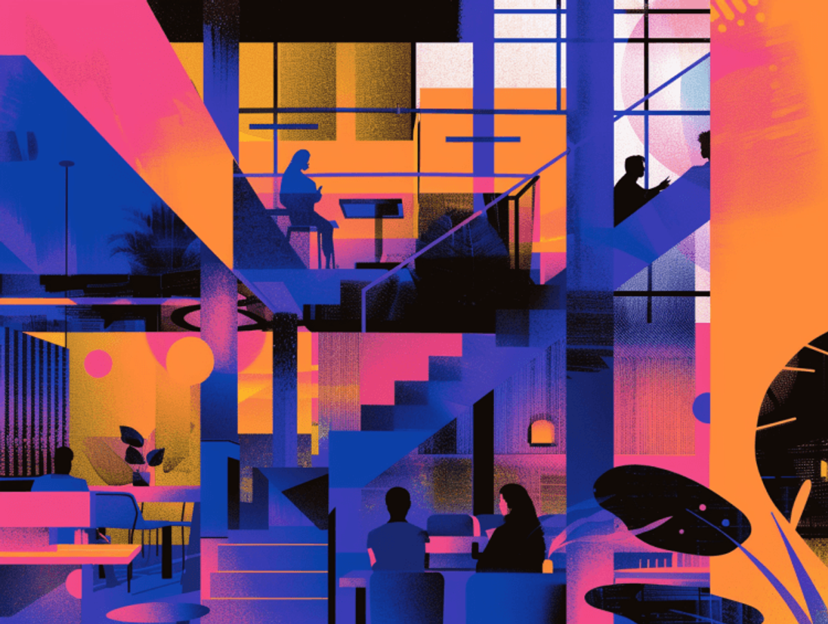 Vibrant, abstract office interior with silhouettes and colors.