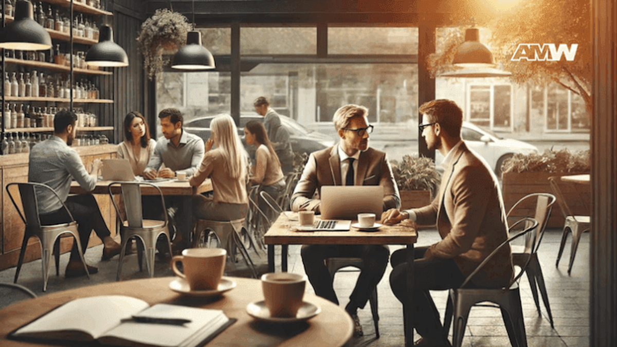People working and talking in a cozy cafe.