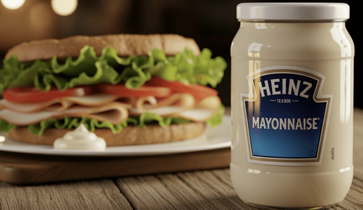 Turkey sandwich with Heinz mayonnaise jar on table.