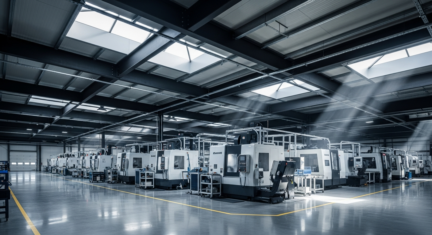 Modern manufacturing facility with precision machinery and dramatic natural lighting