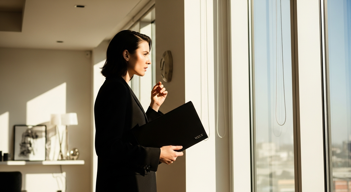 Professional in dark attire reviewing event portfolio against bright floor-to-ceiling windows