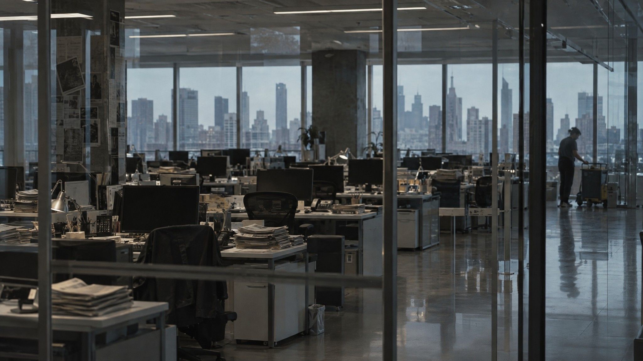 After-hours newsroom with piled papers and dark monitors
