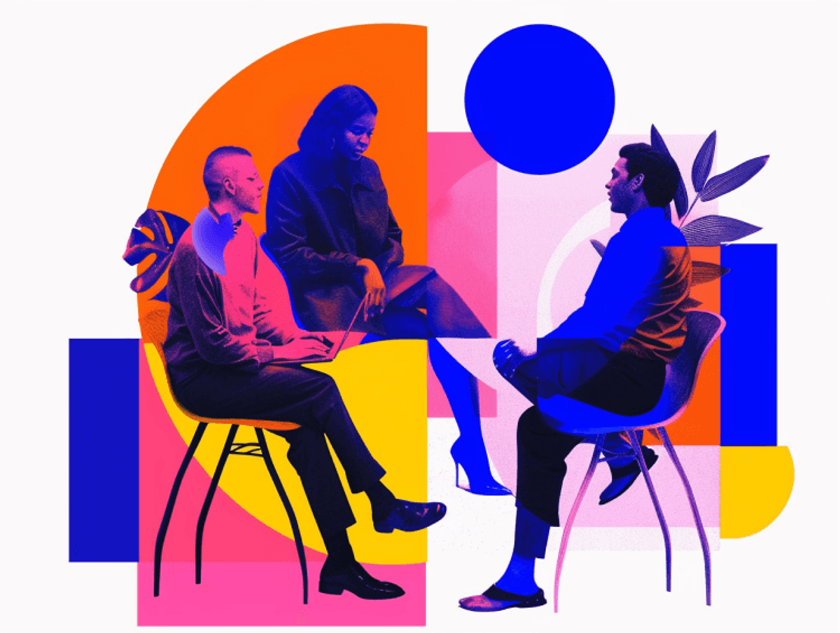 Abstract people sitting on chairs with vibrant colors.