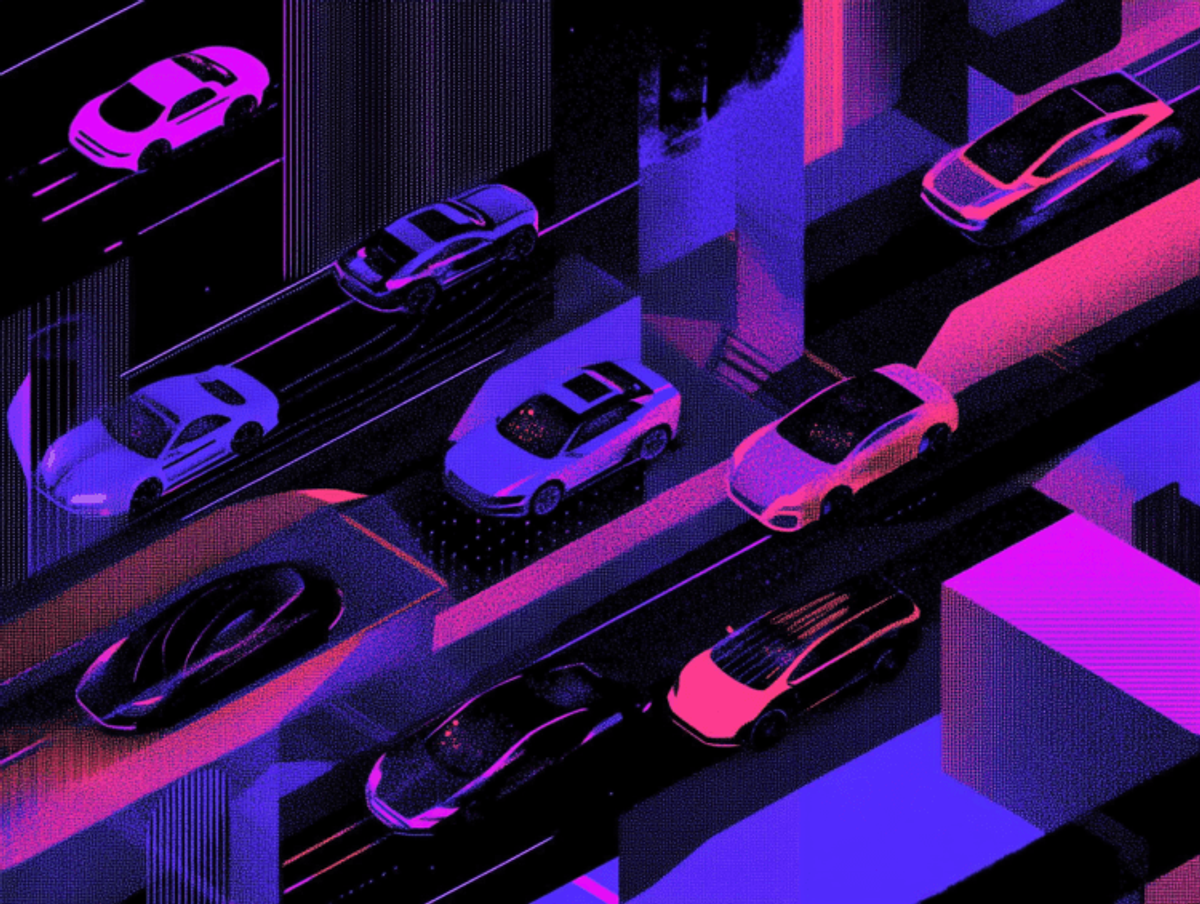Colorful artistic illustration of cars on roads.