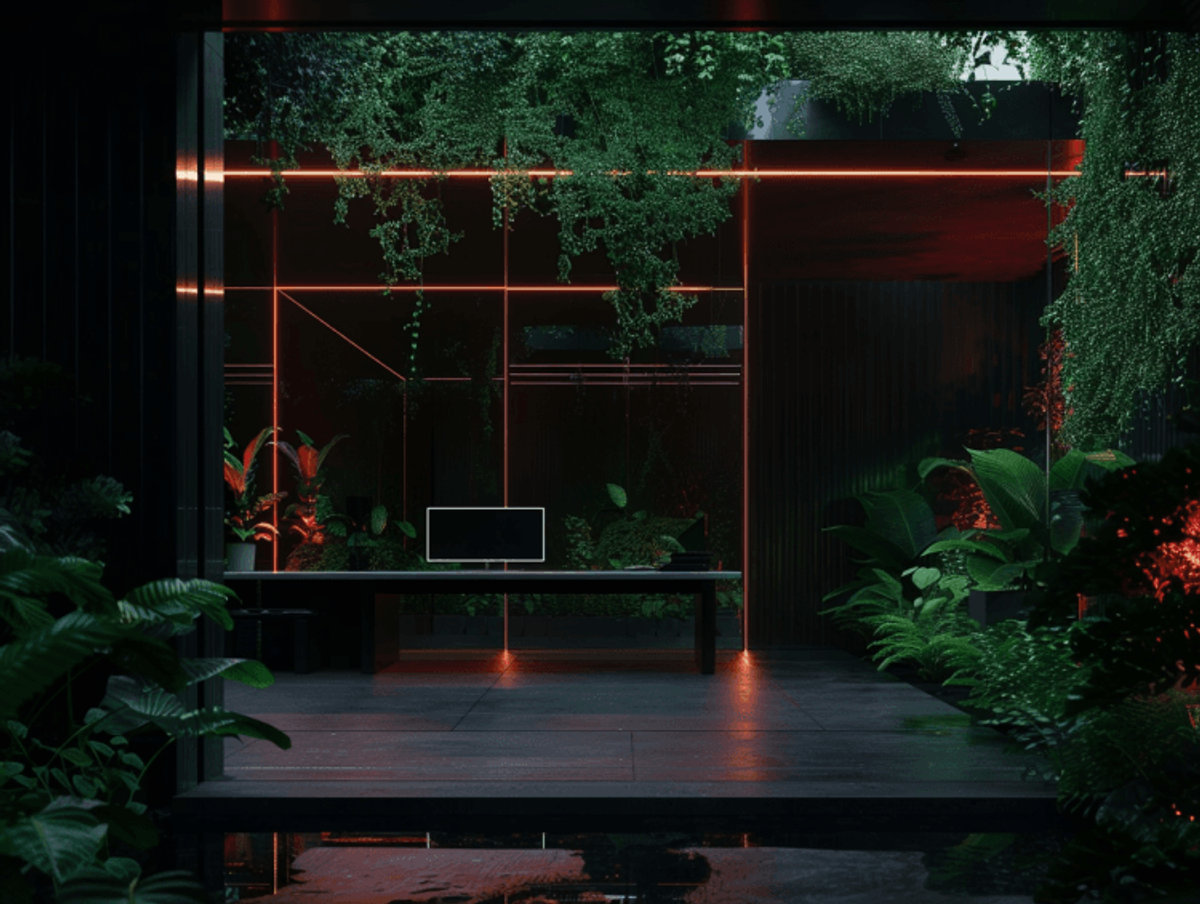 Modern interior with plants and neon lights.