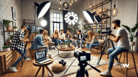 Professional concept illustration for how internet stars capture our hearts: lights, camera, wifi