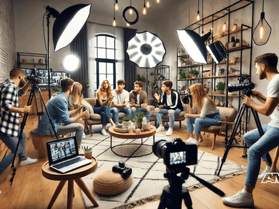 Professional concept illustration for how internet stars capture our hearts: lights, camera, wifi