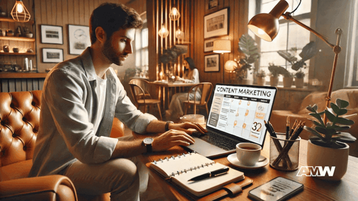 Man doing content marketing on laptop in cozy cafe.