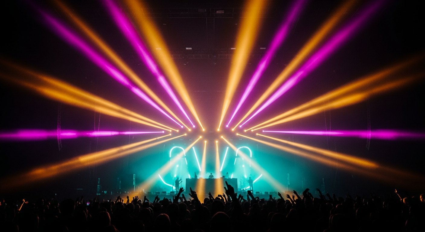 Vibrant concert stage with colorful lights and audience silhouettes - live music and touring statistics
