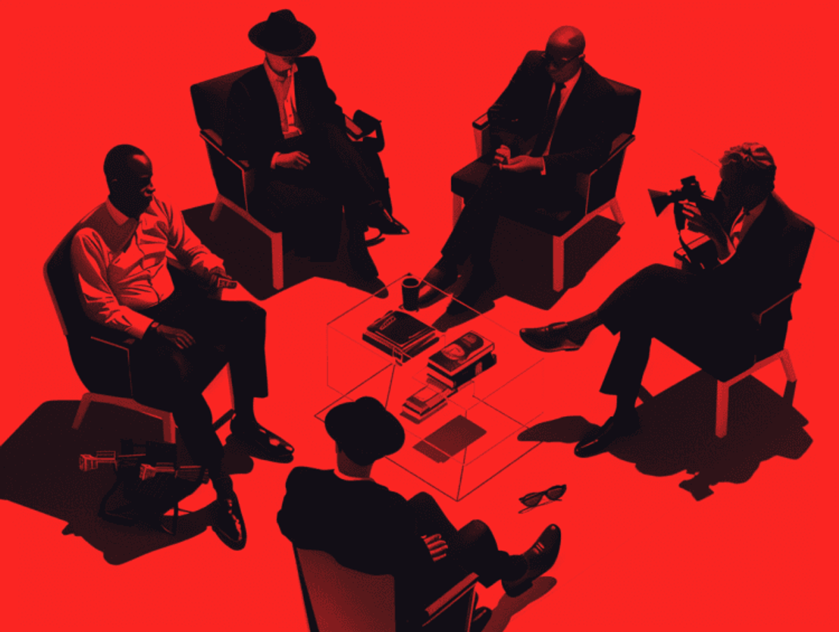 Five people in a red-toned room discussion.