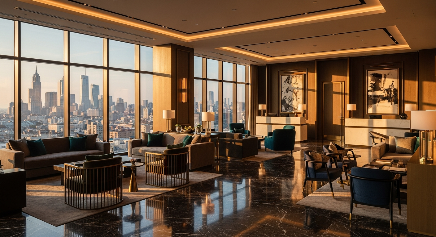 Luxury hotel lobby with city skyline view representing the global luxury marketing industry