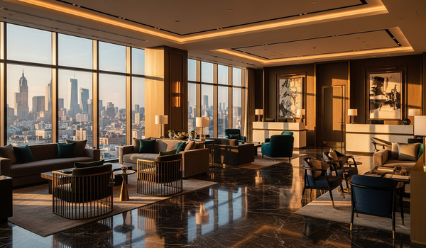 Luxury hotel lobby with city skyline view representing the global luxury marketing industry