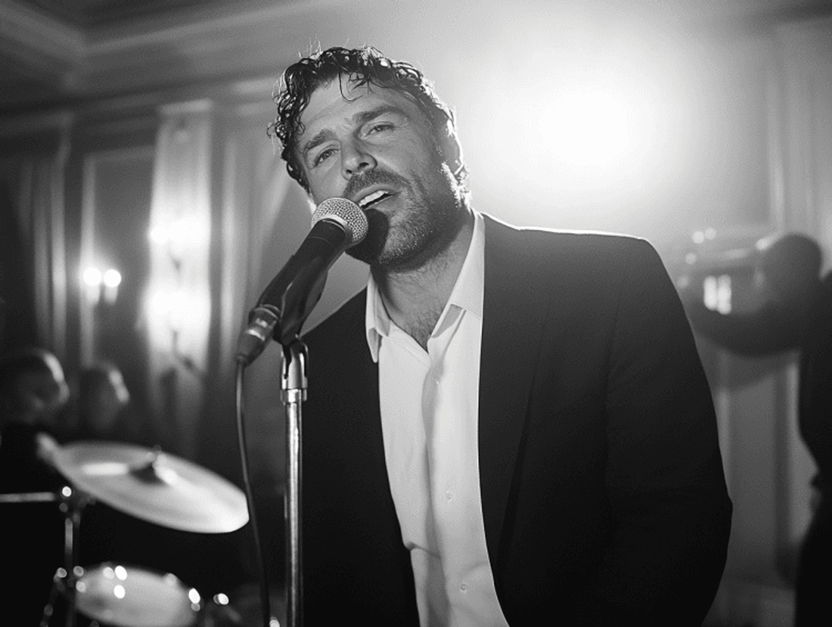Man singing on stage with microphone, black and white