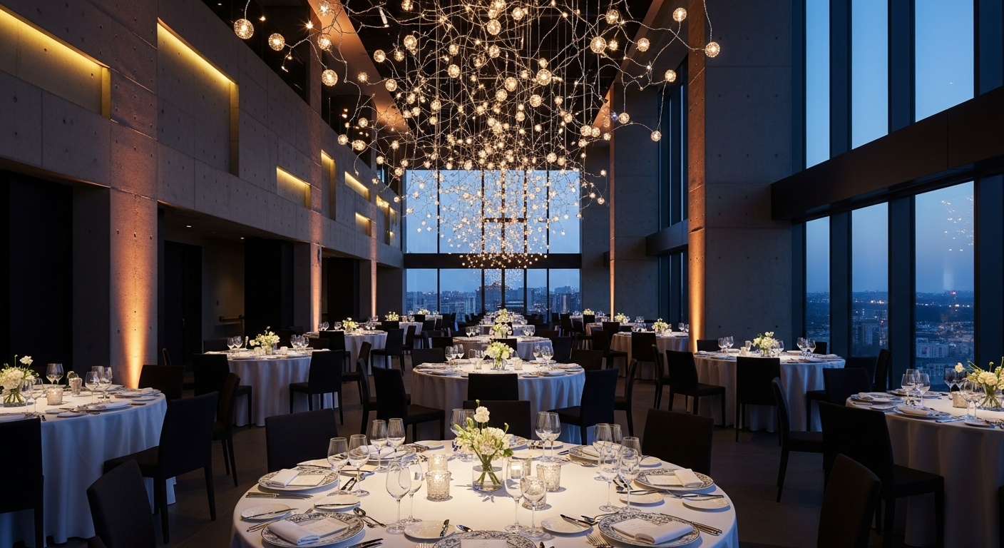Luxury corporate event venue at dusk representing premium event production