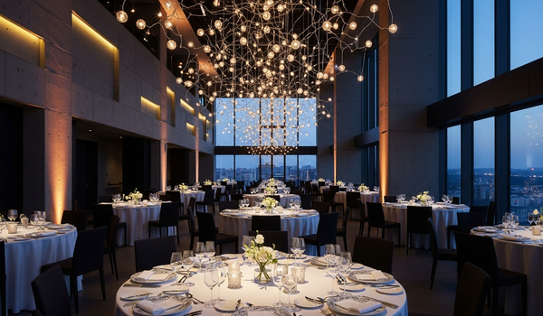 Luxury corporate event venue at dusk representing premium event production