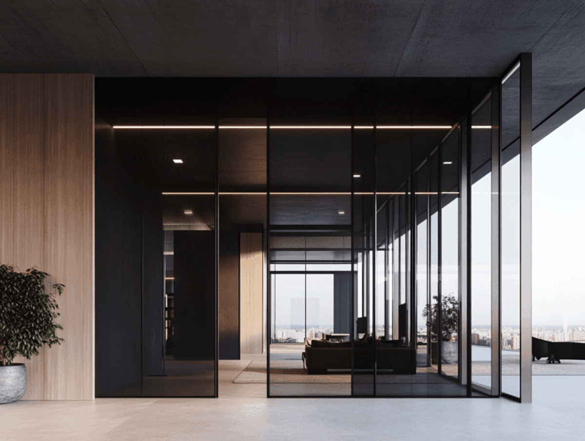 Modern glass office with city view