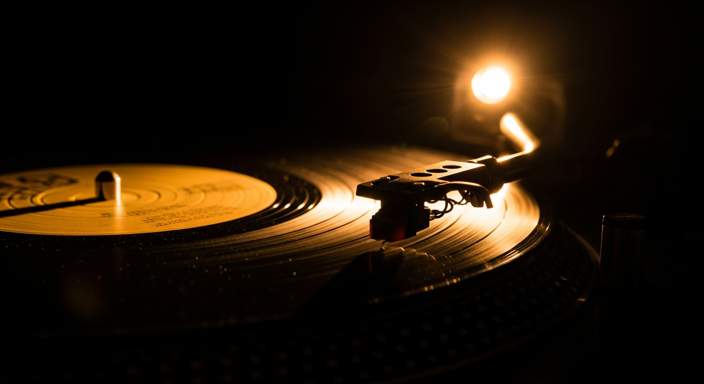 Vinyl record spinning on turntable with dramatic side lighting — comparing label services deals and traditional record label contracts
