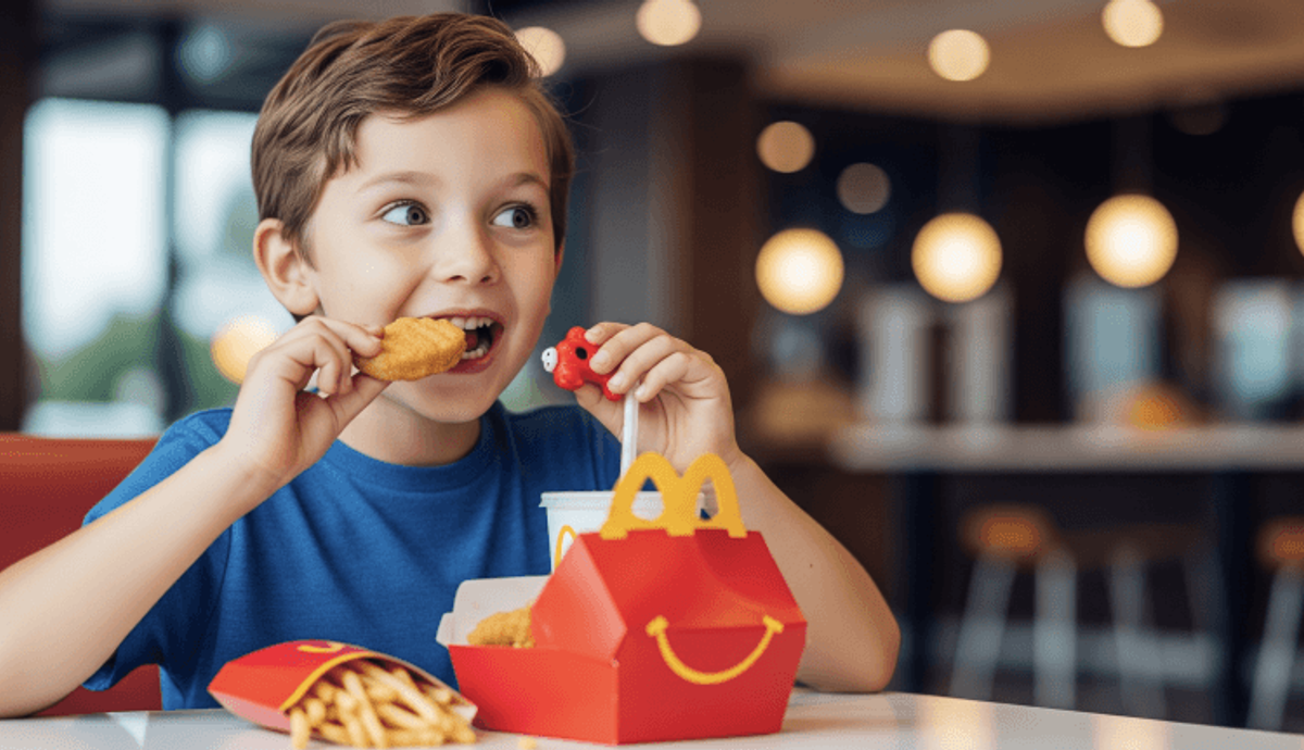 Child eating chicken nugget at fast food restaurant.