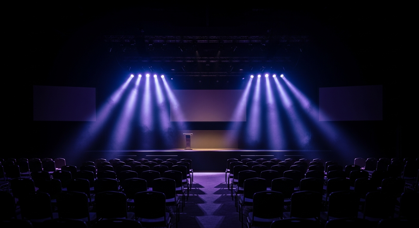 Corporate event stage with dramatic lighting and modern technology
