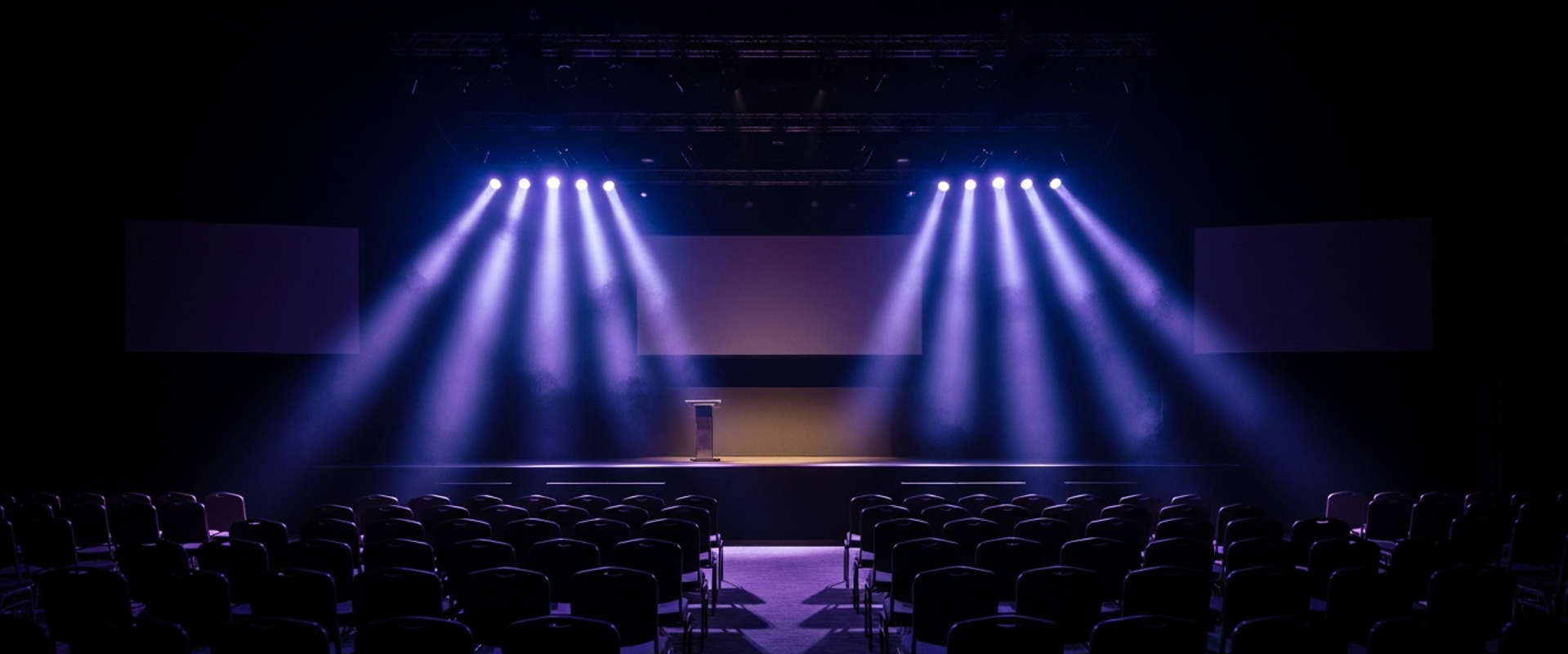 Corporate event stage with dramatic lighting and modern technology