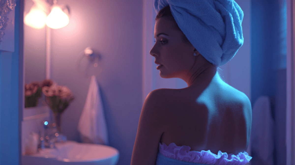 Woman in towel standing in dimly lit bathroom.