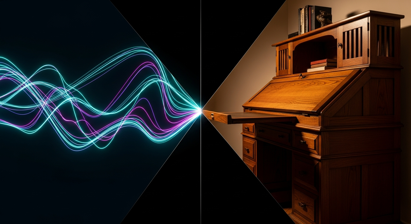 Abstract data visualization beside craftsman desk representing AI versus traditional content creation