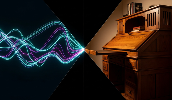 Abstract data visualization beside craftsman desk representing AI versus traditional content creation