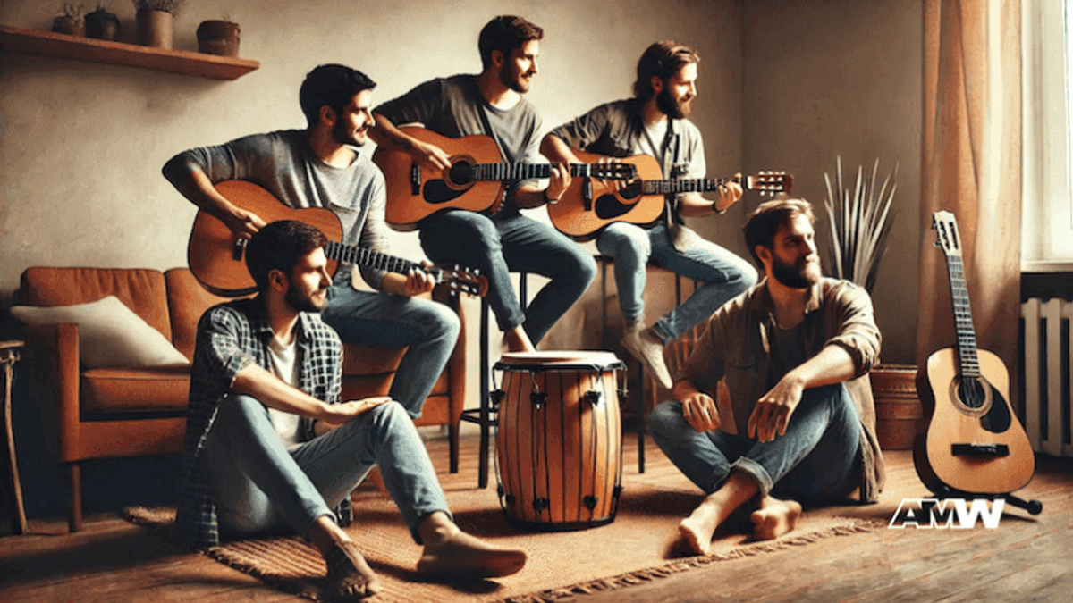 Man playing guitar with his clones.