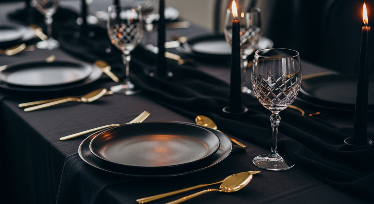 Elegant dark table setting with gold cutlery, black plates, and candlelight for a luxury event